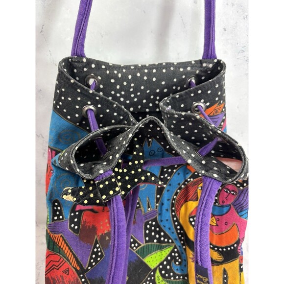Vtg 90s LAUREL BURCH Tote Bag Drawstring Bucket Canvas Cat Retro Folk Art Artist - Picture 12 of 16